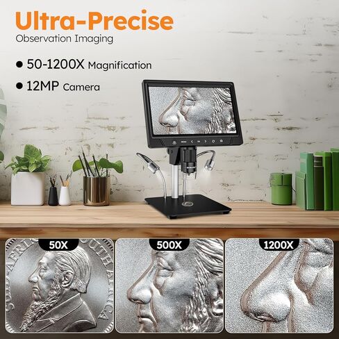 BEBANG 10.1 بوصة LCD مجهر رقمي 1200x للبالغين، مكبر مجهر عملة 3024P، مجهر لحام 12 ميجابكسل مع عرض الكمبيوتر الشخصي، متوافق مع نظام التشغيل MacOS Windows، بطاقة SD سعة 32 جيجابايت (أسود) in Kuwait