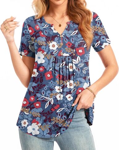 بلوزة نسائية صيفية من Henley برقبة على شكل حرف V وأكمام قصيرة وأزرار لأعلى، بلوزات كاجوال ذات ثنيات in Kuwait