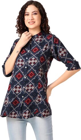Ladyline بلوزة علوية كاجوال مطبوعة من رايون للنساء بياقة واقفة وأزرار سفلية وأكمام قصيرة كورتي عرقية in Kuwait