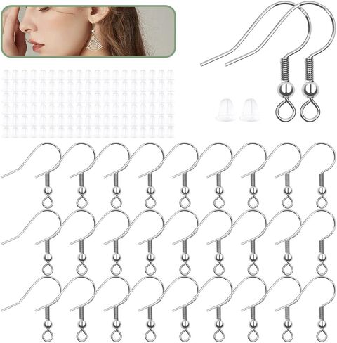 Hypoallergenic Earring Hooks 120PCS, Silver Stainless Steel Wires Fish Hooks Earrings for Jewelry Making, , with 120PCS Clear Rubber Earring Backs for Jewelry Findings in Kuwait