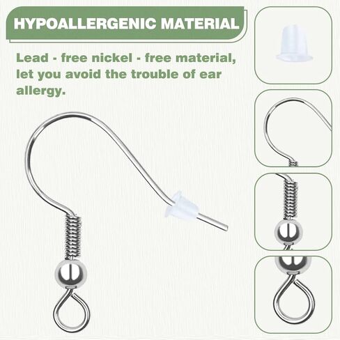 Hypoallergenic Earring Hooks 120PCS, Silver Stainless Steel Wires Fish Hooks Earrings for Jewelry Making, , with 120PCS Clear Rubber Earring Backs for Jewelry Findings in Kuwait