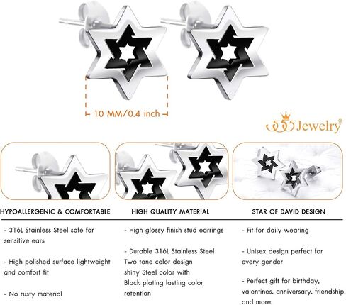 555Jewelry Hypoallergenic Stainless Steel Star of David Stud Earrings for Women & Girls in Saudi Arabia