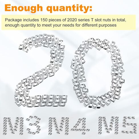 150 قطعة من صواميل T من سلسلة 2020، صواميل على شكل حرف T، صواميل مطرقة على شكل حرف T - صواميل T منزلق من الفولاذ الكربوني المطلي لملف الألومنيوم (M3، M4، M5) in Kuwait