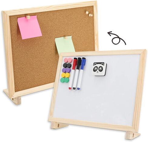 Cork Board White Board Combo, 16" x 12" Double Sided Magnetic Whiteboard Corkboard for Desktop and Wall, Wooden Frame Combo Memo Board with Adjustable Stand, Suitable for Office Home School in Saudi Arabia