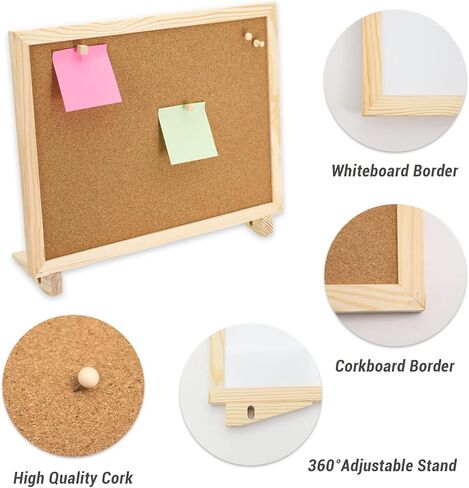 Cork Board White Board Combo, 16" x 12" Double Sided Magnetic Whiteboard Corkboard for Desktop and Wall, Wooden Frame Combo Memo Board with Adjustable Stand, Suitable for Office Home School in Saudi Arabia