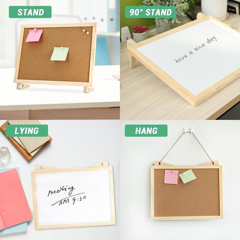 Cork Board White Board Combo, 16" x 12" Double Sided Magnetic Whiteboard Corkboard for Desktop and Wall, Wooden Frame Combo Memo Board with Adjustable Stand, Suitable for Office Home School in Saudi Arabia