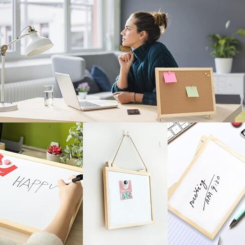 Cork Board White Board Combo, 16" x 12" Double Sided Magnetic Whiteboard Corkboard for Desktop and Wall, Wooden Frame Combo Memo Board with Adjustable Stand, Suitable for Office Home School in Saudi Arabia
