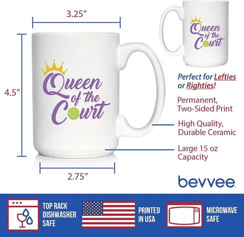 كوب قهوة Queen of the Court - هدايا كرة البيسبول للنساء - ديكور بطابع كرة البيسبول - كوب سيراميك أبيض كبير سعة 15 أونصة in Kuwait