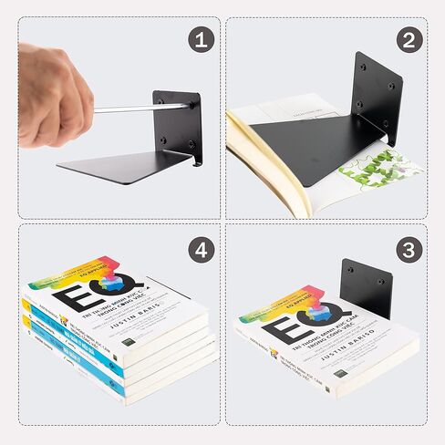 مجموعة VASGOR مكونة من 4 أرفف كتب عائمة غير مرئية، منظم أرفف كتب مثبت على الحائط شديد التحمل، حامل أرفف معدنية مثبت على الحائط للكتب (4، أسود) in Kuwait