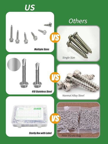 Alloy 355 Piece Stainless Steel Self-Tapping Screws Kit for Metal - Hex Washer Head and TEK Head Combo Set for Industrial Maintenance and Repair。 self Tapping Screws for Metal self Tapping Screws in Kuwait