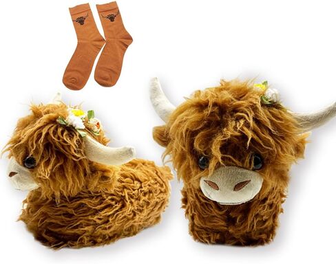 Highland Cow Cartoon Plush Slippers, Fluffy Scottish Cattle Slipper for Women and Men, Fuzzy Animals Cow House Shoes Valentines Gifts in Saudi Arabia