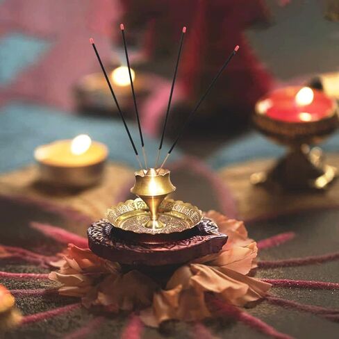 Brass Agarbatti Dhoop Sticks Holder Stand with Ash Catcher Incense Burner Holder 5 Stick Holes for Pooja at Home, Office, Mandir,Spiritual Events Positive Energy in Kuwait