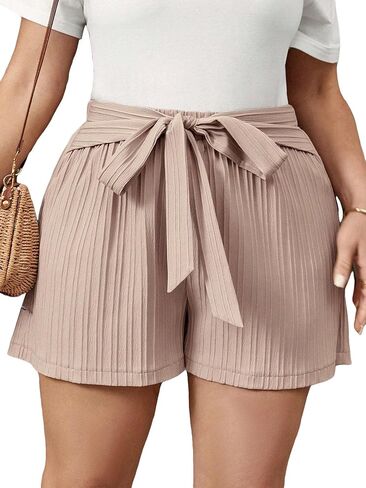 MakeMeChic Women's Plus Size Elastic Waist Wide Leg Shorts Tie Front Pleated Summer Loose Shorts in Saudi Arabia