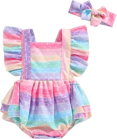 Infant Baby Girl Clothes Summer Rainbow Romper Dress Ruffle Sleeve Tutu Skirted Jumpsuit Princess Outfit Headband in Saudi Arabia
