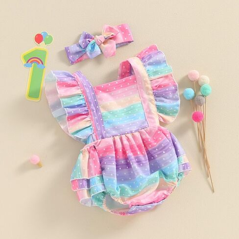 Infant Baby Girl Clothes Summer Rainbow Romper Dress Ruffle Sleeve Tutu Skirted Jumpsuit Princess Outfit Headband in Saudi Arabia