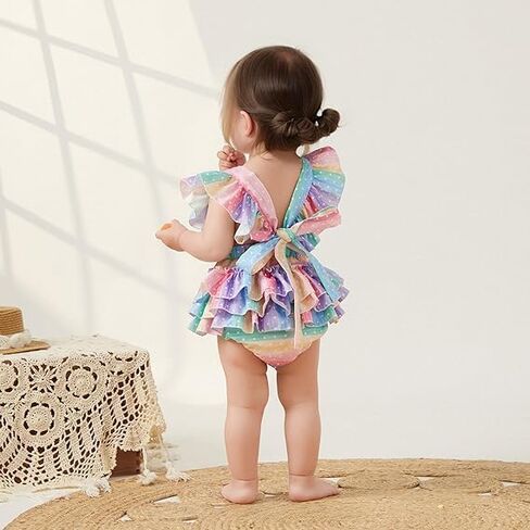 Infant Baby Girl Clothes Summer Rainbow Romper Dress Ruffle Sleeve Tutu Skirted Jumpsuit Princess Outfit Headband in Saudi Arabia