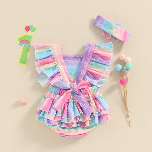 Infant Baby Girl Clothes Summer Rainbow Romper Dress Ruffle Sleeve Tutu Skirted Jumpsuit Princess Outfit Headband in Saudi Arabia