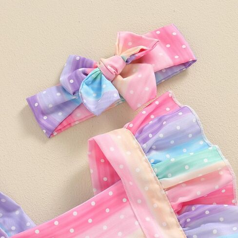 Infant Baby Girl Clothes Summer Rainbow Romper Dress Ruffle Sleeve Tutu Skirted Jumpsuit Princess Outfit Headband in Saudi Arabia