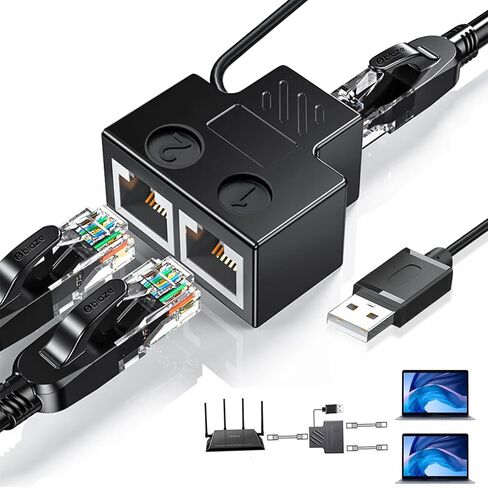 موزع إيثرنت RJ45 من 1 إلى 2، محول إيثرنت شبكة جيجابت صغير مع كابل طاقة USB، كابل شبكة CAT 5/6/7/8 (يدعم جهازين عبر الإنترنت في نفس الوقت) in Kuwait