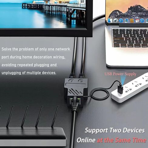 موزع إيثرنت RJ45 من 1 إلى 2، محول إيثرنت شبكة جيجابت صغير مع كابل طاقة USB، كابل شبكة CAT 5/6/7/8 (يدعم جهازين عبر الإنترنت في نفس الوقت) in Kuwait