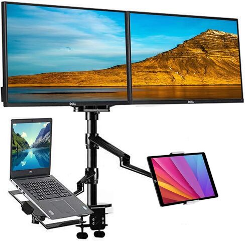 حامل سرير مكتبي بارتفاع 4 أذرع قابل للتعديل لأجهزة الكمبيوتر المحمول مقاس 10 إلى 17 بوصة وشاشة مزدوجة (11-27 بوصة)، متوافق مع أجهزة MacBook وIpad Pro Ipad Air وiPad Mini والأجهزة اللوحية من 9 إلى 13 بوصة (أسود) in Kuwait