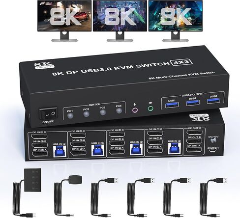 8K@60Hz DisplayPort KVM Switch 3 Monitors 4 Computers 4K@144Hz, DP 1.4 KVM Switch Triple Monitor for 4 Computer with Audio and 3 USB 3.0 Ports, KVM Triple Monitor Keyboard Mouse Switcher in Saudi Arabia
