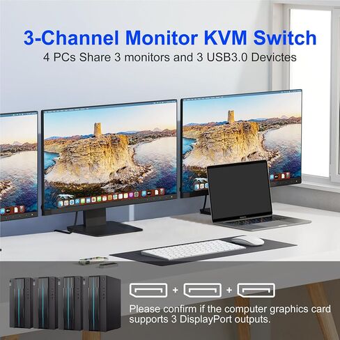 8K@60Hz DisplayPort KVM Switch 3 Monitors 4 Computers 4K@144Hz, DP 1.4 KVM Switch Triple Monitor for 4 Computer with Audio and 3 USB 3.0 Ports, KVM Triple Monitor Keyboard Mouse Switcher in Saudi Arabia