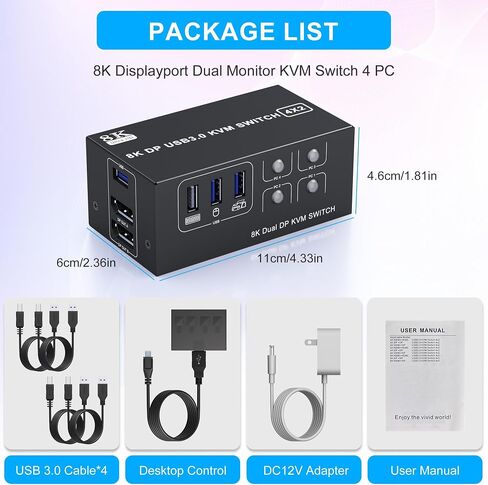8K@60Hz DisplayPort KVM Switch 3 Monitors 4 Computers 4K@144Hz, DP 1.4 KVM Switch Triple Monitor for 4 Computer with Audio and 3 USB 3.0 Ports, KVM Triple Monitor Keyboard Mouse Switcher in Saudi Arabia