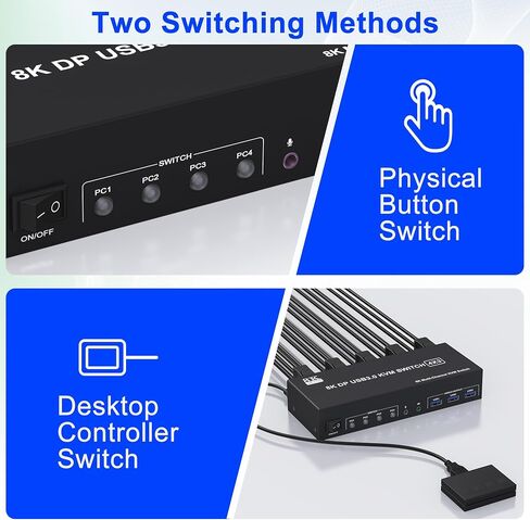 8K@60Hz DisplayPort KVM Switch 3 Monitors 4 Computers 4K@144Hz, DP 1.4 KVM Switch Triple Monitor for 4 Computer with Audio and 3 USB 3.0 Ports, KVM Triple Monitor Keyboard Mouse Switcher in Saudi Arabia