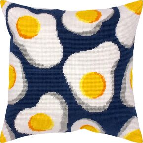 Brvsk Kitchen Stamped Cross-Stitch Kit for Adults and Beginners — Fried Eggs 16″ × 16″ with Clear, Precise Printed Design on Cotton Canvas; Includes 2 Needles, Yarn, and Easy-Read Chart