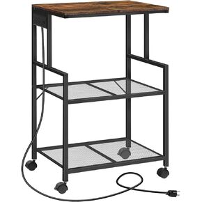 Mobile Printer Stand, 3-Tier Industrial Printer Cart with Power Outlets and 2 USB Ports, Rolling Printer Table on Wheels for Home Offices Kitchen Organization Rack, Rustic Brown PTHR78E01