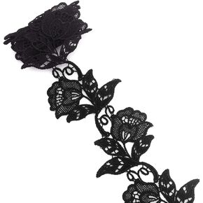 FQTANJU 5Yards Floral Motifs Boho Black Lace Applique Trim Sequins Flower Embroidery Applique Sewing Craft