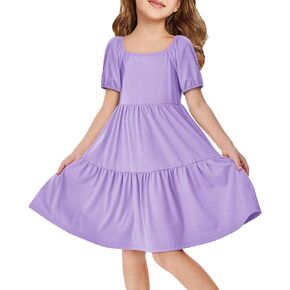 Batermoon Girls Summer Dress Puff Sleeve Square Neck Pleated Dress Flower Swing Dress 5-14 Years