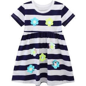 Girls' Summer Floral Embroidered Stripe Short Sleeve Casual Dress