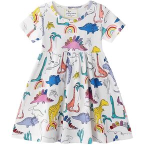 Toddler Girls Dress Cotton Casual Short Sleeve Striped Jersey Dresses Summer Cartoon Dinosaurs Appliques Shirt 2-7Y