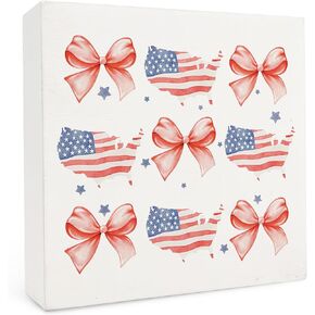 Memorial Day Sign - Bow Tie Fourth of July Decorations Wood Box Sign, Bow Tie Decor, Independence Day Decorations for Home, Patriotic Decor
