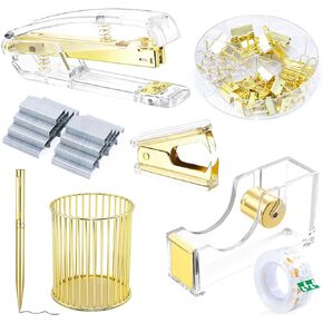 BOMEI PACK Desk Accessory Kit, Stapler and Staple Remover with 1000 Staples, Tape Dispenser with 1Rolls Transparent Tape, 1 Pen and Pencil Holder, Binder Clips, Paper Clips