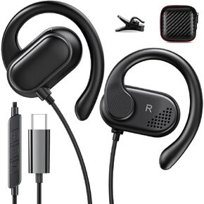 سماعات أذن USB C فوق الأذن لـ Google Pixel 8 Pro 7 6A iPhone 15 Plus Samsung A35 S24 Ultra S23 سماعة أذن مفتوحة سلكية من النوع USB-C سماعة أذن رياضية مع ميكروفون للتحكم في مستوى الصوت وخطاف أذن قابل للتدوير