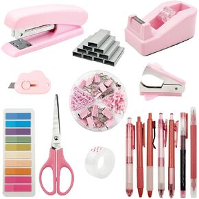 Office Supplies Desk Accessories, Pink Stapler with Staples,Tape Holder,Box Cutter,Staple Remover,Scissors,Transparent Tape,Tabs,Clips,Pens Gift for Students,Women,Coworkers,Boss,Office Clerks Home