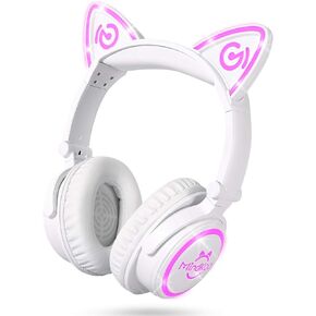 Cat Ear Bluetooth Headphones Pink, LED Light Up Over Ear Wireless Headphones with Microphone, Comfort Foldable Headset for Kids & Adults