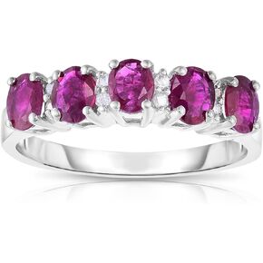 10K White Gold Genuine Ruby Oval with Diamonds Band Ring