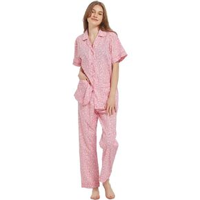 100% Cotton Pajamas For Women Short-Sleeve Long Pants PJS set Cozy Button Down Sleepwear Boyfriend Loungewear S-3XL