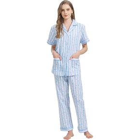100% Cotton Pajamas For Women Short-Sleeve Long Pants PJS set Cozy Button Down Sleepwear Boyfriend Loungewear S-3XL in Saudi Arabia