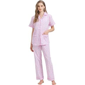 100% Cotton Pajamas For Women Short-Sleeve Long Pants PJS set Cozy Button Down Sleepwear Boyfriend Loungewear S-3XL