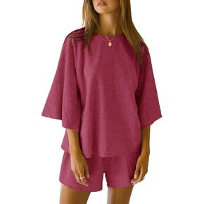 JAWINT Womens 2 Piece Sets Outfits Casual 3/4 Sleeve Tops Oversized Shirts Elastic Waist Shorts Lounge Pajama Sets