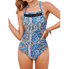 CUPSHE Women's One Piece Swimsuit Square Neck Bathing Suit Crisscross Back Tie Ruched Mesh Wide Straps