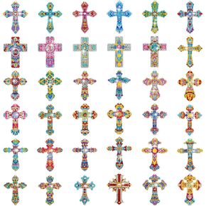 36 Pcs Cross Diamond Painting Keychains 5D Double Sided Cross Shaped Diamond Art Keychains Diamond Painting Kits Gem Art Diamond Keychains for DIY Kids Adults Crafts Home Decor Gift Party Favors