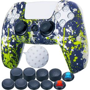 1 Piece of Silicone Transfer Print Protective Cover Skin + 10 Thumb Grips for Playstation 5 / PS5 Controller Green Graffiti
