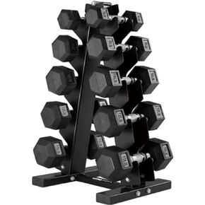 HolaHatha 5, 8, 10, 12, and 15 Pound Poly Rubber Hexagonal Dumbbell Home Free Weight Set with Textured Grips and Storage Rack, Black