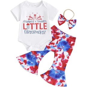 4th Of July Baby Girl Outfit Newborn Fourth Of July USA Romper+Flare Pants+Headband Memorial Day Clothes Set
